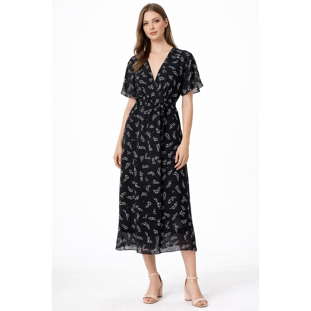 Aritzia Wilfred Black Floral Midi Dress V-neck Tie Waist Short Sleeve Femenine